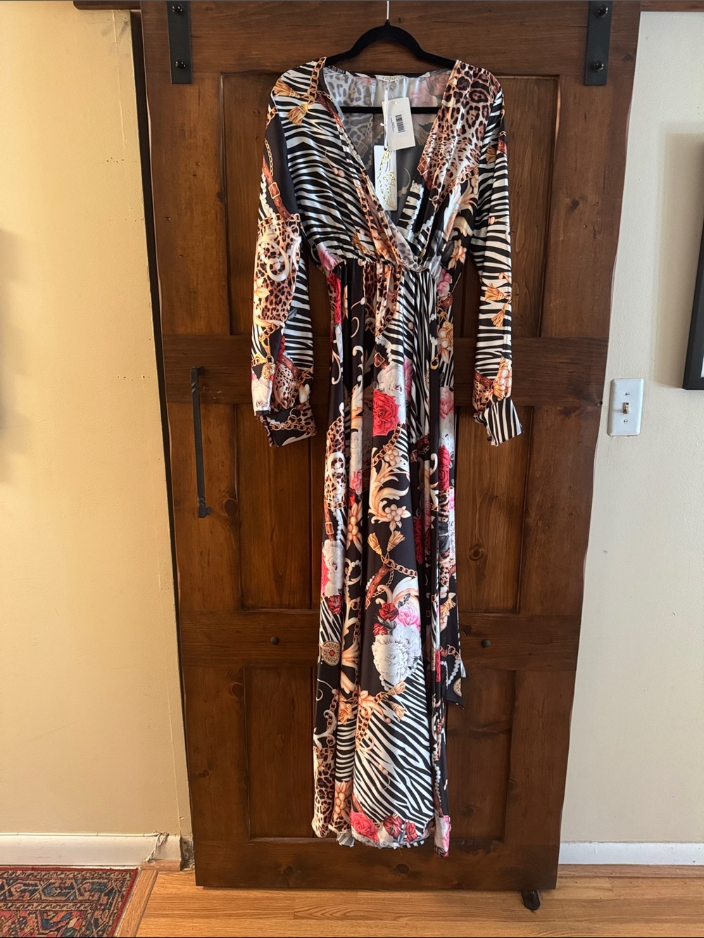 Printed Wrap Maxi Dress in Black with Mixed Prints